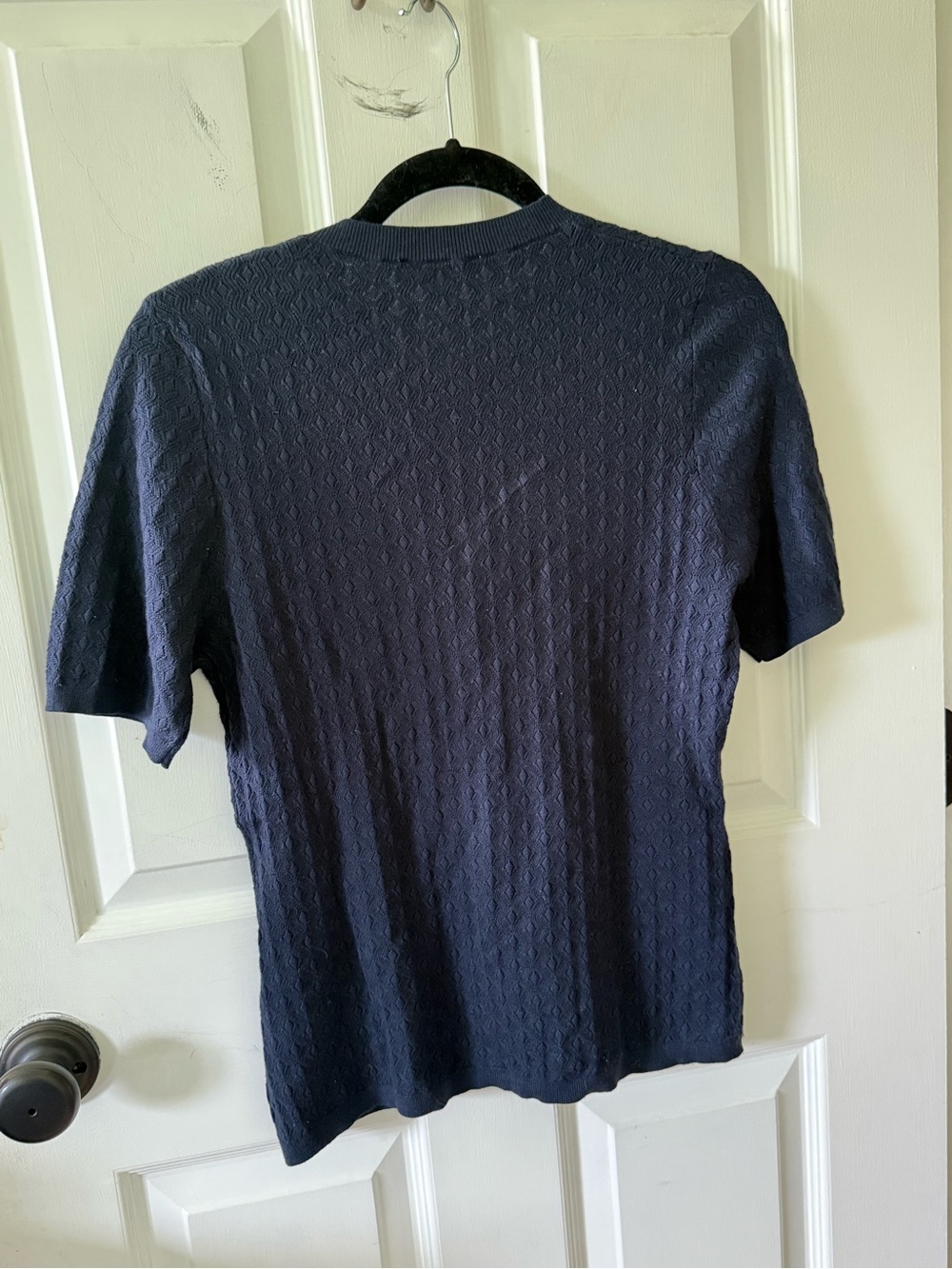 Sezane Navy Textured Short Sleeve Top with Button Placket - Picture 6 of 6